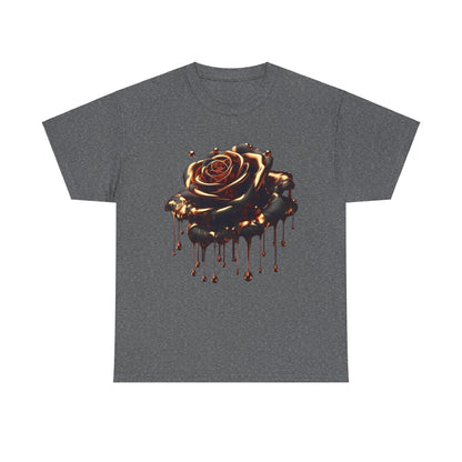 Close-Up Abstract Rose Unisex Cotton Tee Graphic T Shirt presented in a stylish grey colour, featuring an artistic rose design with molten copper accents, ideal for those who appreciate sophisticated wear.