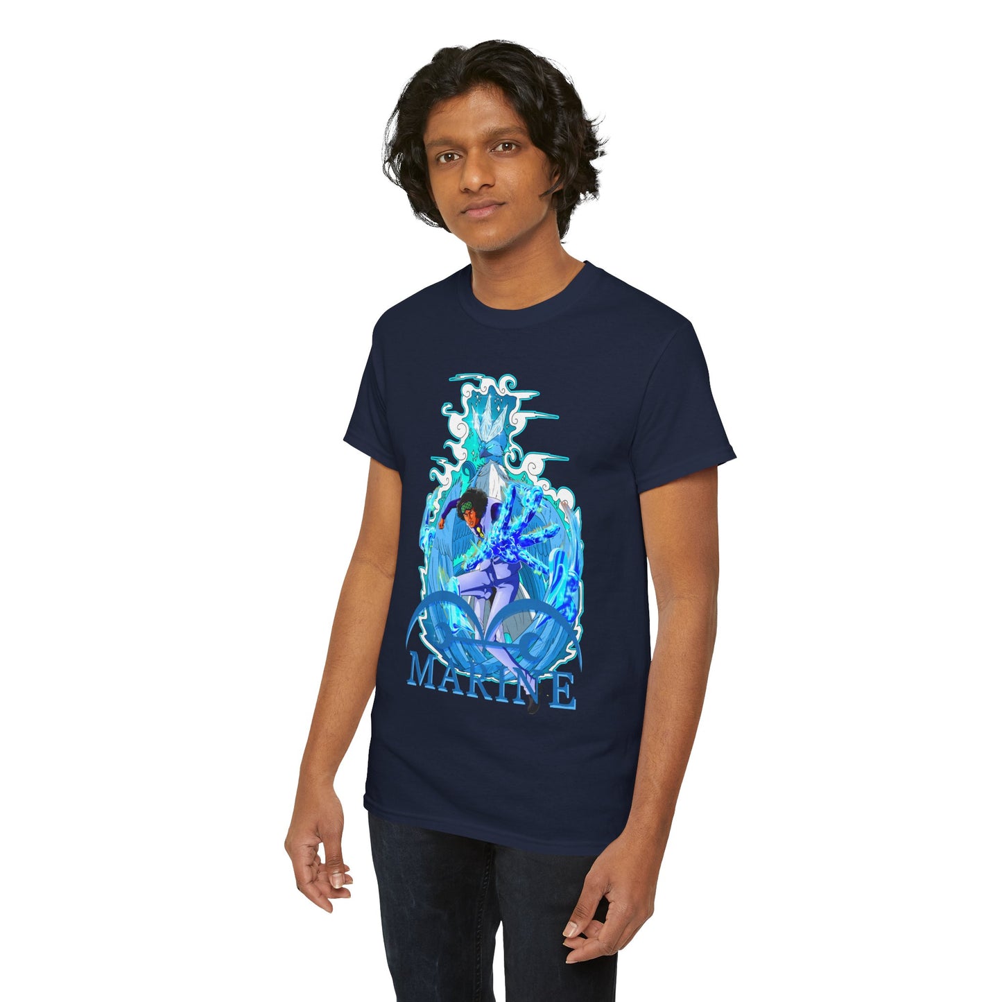 Sophisticated men's T-shirt displaying an intricate marine anime graphic, styled in deep navy blue, ideal for making a bold fashion statement.