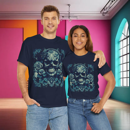 Stylish unisex Skulls and Roses Cotton Tee showcased on a couple, set against a vibrant colourful backdrop, perfect for alternative fashion lovers.