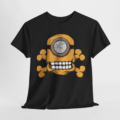 Minion Skull Unisex Men´s Women´s Graphic T Shirt Tee featuring a playful skull design with a cracked lens and bone accents, blending fun and edginess. Perfect for fans of T Shirt, Funny, Minions.