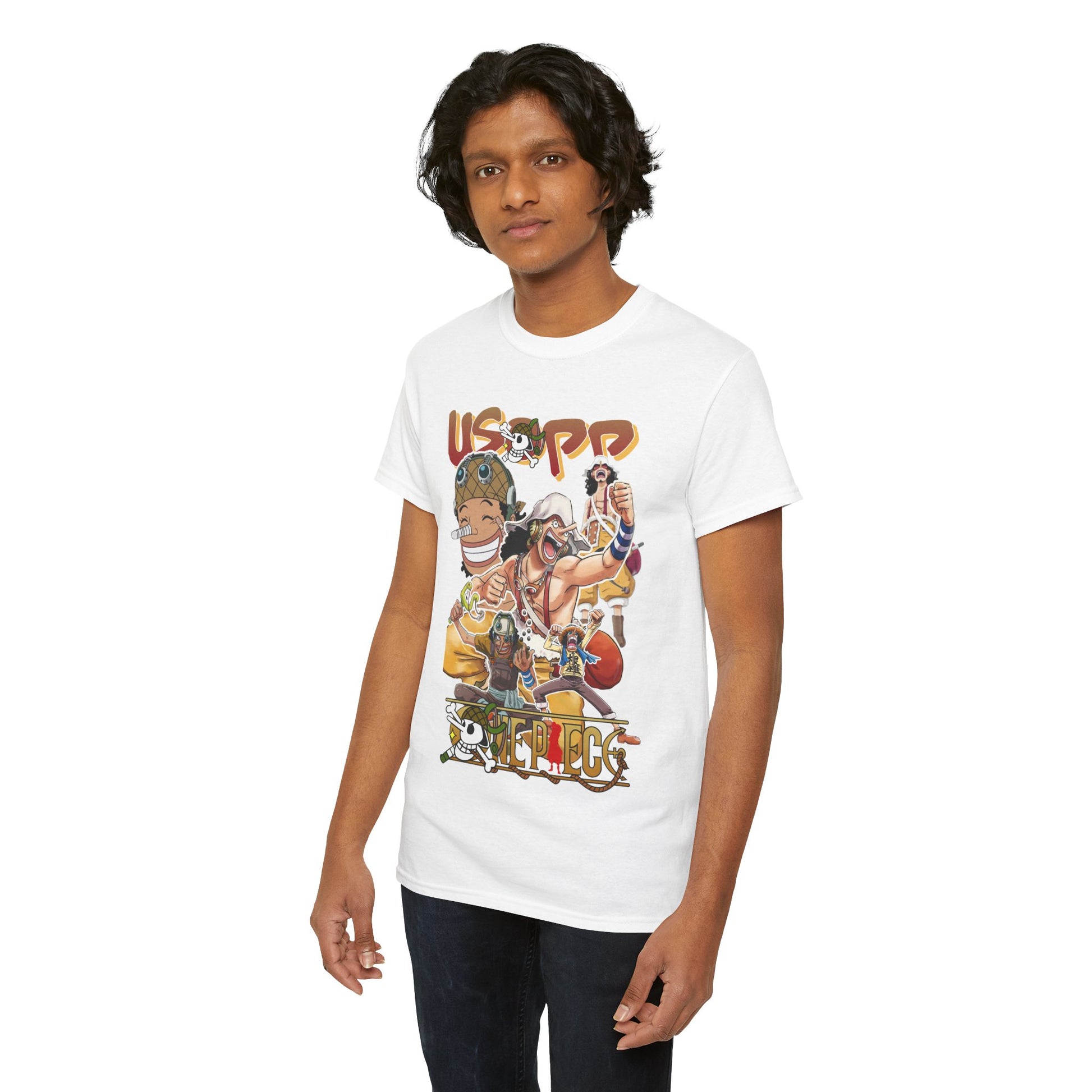 Another model presenting the fashionable white t-shirt featuring a colourful Usopp collage, perfect for showcasing personal style and fandom.