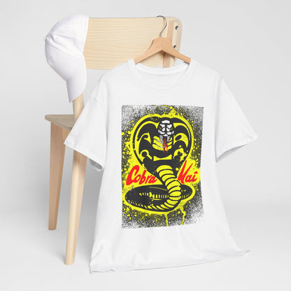 Chic unisex Cobra Kai t-shirt elegantly displayed with a matching white cap, showcasing a bold snake design in black and yellow, perfect for fashion-conscious martial arts fans.