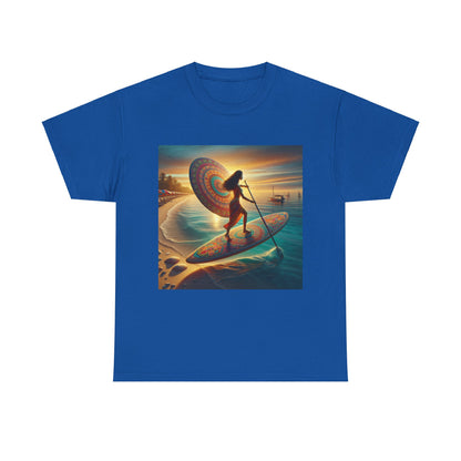 Luxury paddleboarding apparel showcased in the Delightfull Paddle Board T-Shirt by Dazzling Dreams Studio, highlighting its relaxed fit and stylish design.