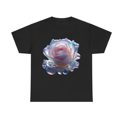 Ethereal Rose Tee Unisex Cotton Graphic T-Shirt featuring a stunning iridescent rose design on a black background, embodying luxury and artistic elegance.