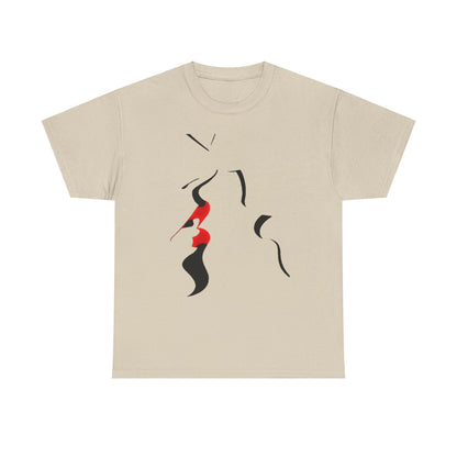 Stylish unisex avant-garde T-shirt adorned with artistic shapes in red and black against a light beige canvas, embodying elegance and playful expression.