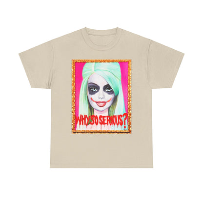 Why So Serious Joker Barbie Women's Graphic T-Shirt displaying a striking pop art illustration of a Barbie character with a playful yet edgy Joker theme, complete with dramatic facial expressions and blood-dripping typography.