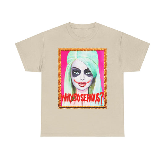 Why So Serious Joker Barbie Women's Graphic T-Shirt displaying a striking pop art illustration of a Barbie character with a playful yet edgy Joker theme, complete with dramatic facial expressions and blood-dripping typography.