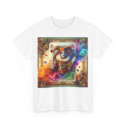 Front view of the Harlequin Playing Card Graphic Tee in white, highlighting the vivid clown illustration with rich colours, designed for fashion-forward wearers.