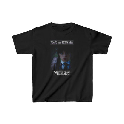 Luxury unisex graphic tee featuring Wednesday with Thing, showcasing the quote 'Black is my happy color' on a black shirt.