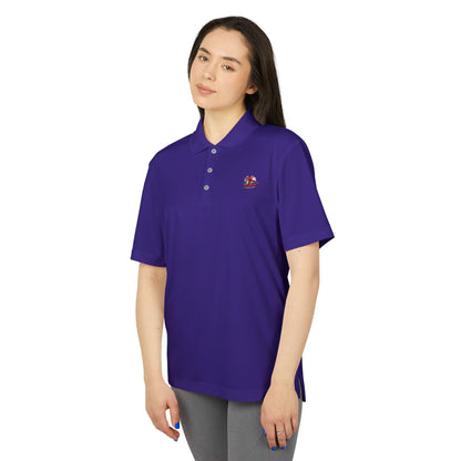 Elegant front view of a deep purple Adidas Unisex Performance Polo Shirt, showcasing its classic style with a three-button placket, made from 100% recycled polyester and featuring UPF 50+ protection.
