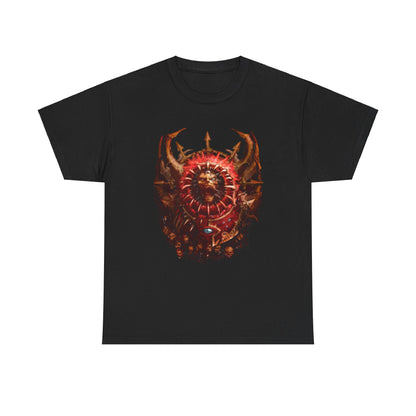Premium quality unisex cotton t-shirt displaying a captivating Warhammer graphic, adorned with a striking shield and an eye-catching skull motif, perfect for fantasy enthusiasts.
