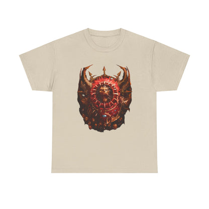 Elegant unisex beige t-shirt showcasing a Warhammer graphic, featuring a striking shield and a fierce creature, ideal for those with a taste for unique fantasy fashion.