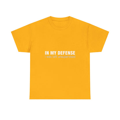 Luxurious unisex cotton graphic t-shirt in vibrant yellow featuring the phrase 'In My Defence I Was Left Unsupervised'.