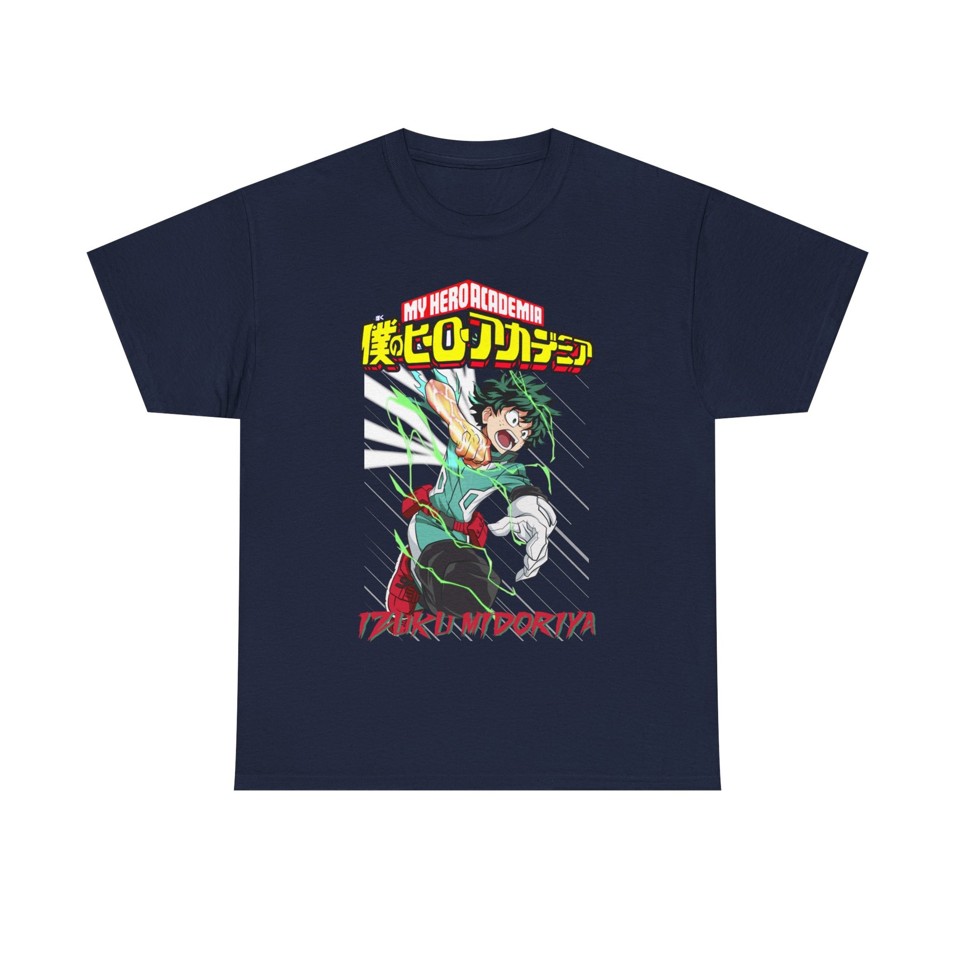 Stylish navy Izuku Midoriya T-shirt with captivating illustration and bold My Hero Academia logo, designed for discerning anime enthusiasts.