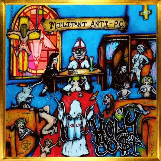 Official CD cover of 'Holy Cost - Militant Anti-PC' by Rancid Offal Records, showcasing the provocative design and themes associated with the Pornogrind genre, released in 2021.