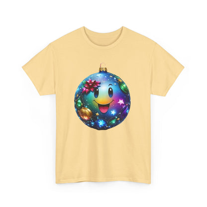 Front view of the 'Festive Cheer Christmas Bauble Unisex Cotton T-Shirt Graphic Tee' showcasing a vibrant Christmas ornament design featuring a playful smiley face, perfect for festive wear.