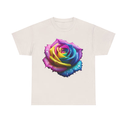 Close-Up of a Rainbow Rose Unisex Cotton Tee Graphic T Shirt Unisex featuring a striking rainbow rose illustration with dew drops on a cream background.
