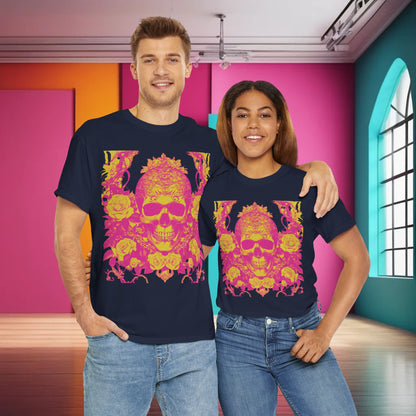 Chic Skulls and Roses Cotton Tee, unisex graphic shirt in navy, featuring a unique steampunk skull and rose design.