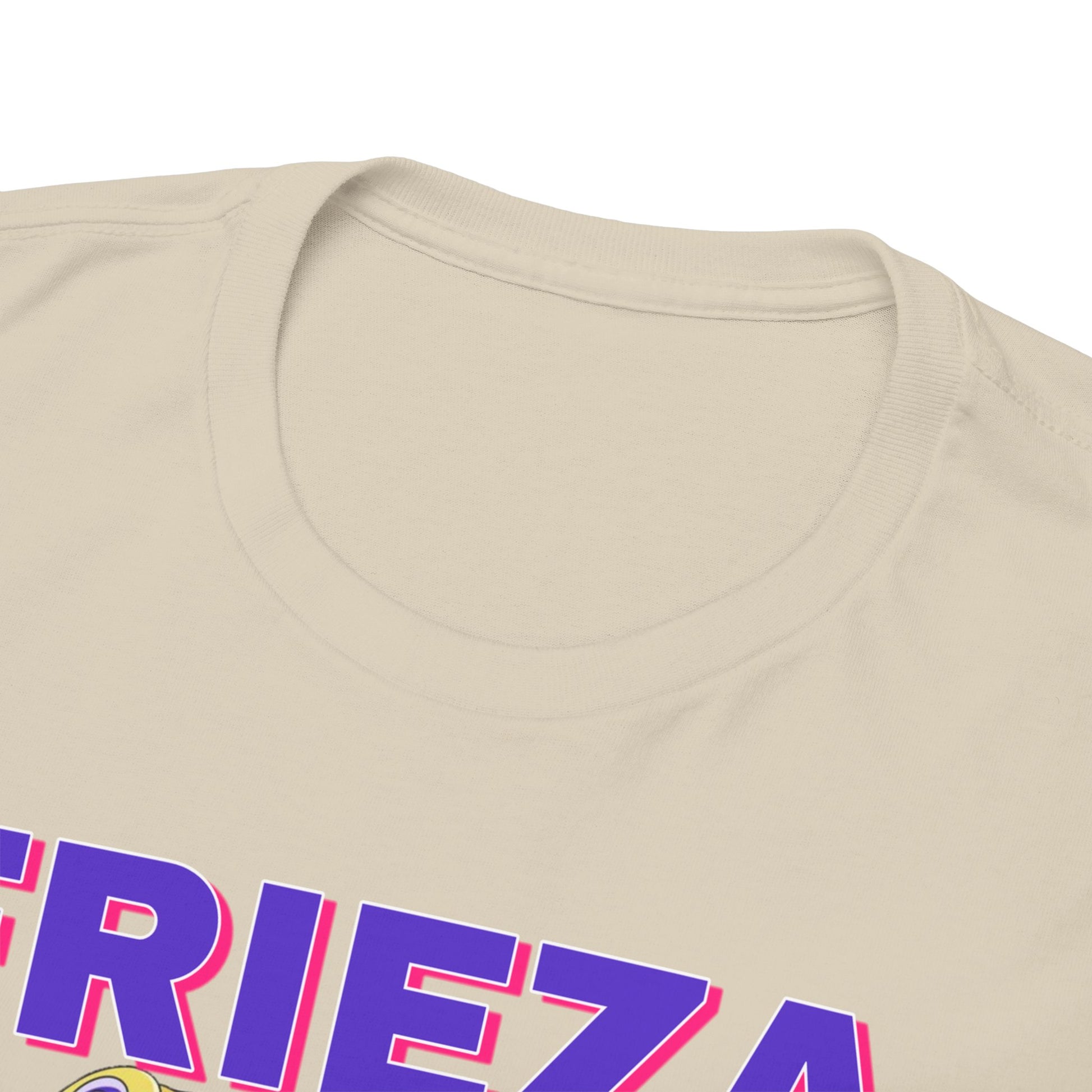 Close-up view of the collar and neckline of a luxurious Dragon Ball Z Frieza T-shirt, highlighting the premium fabric and attention to detail in craftsmanship.