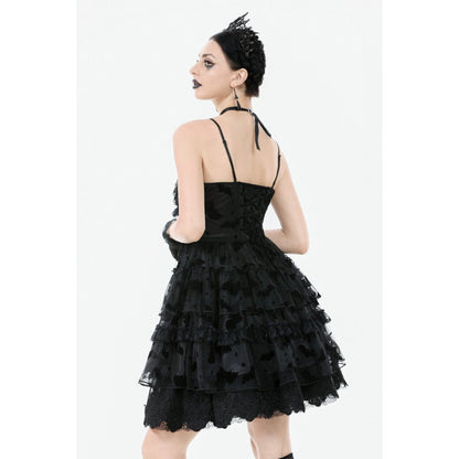 Elegant Dark in Love Morwenna Bat Mesh Layered Goth Mini Dress featuring a delicate bat-pattern mesh skirt and intricate lace trim, perfect for gothic evening wear.
