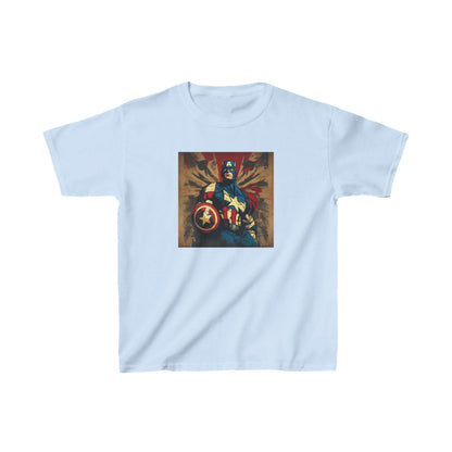 Kids Captain America Heavy Cotton T-Shirt in soft light blue, displaying a bold Captain America design, perfect for stylish young adventurers.