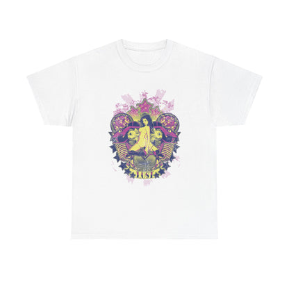 Luxurious artistic men's t-shirt featuring a retro punk style graphic design with a striking central figure, adorned with intricate details and vibrant colours, showcasing individuality and creativity.