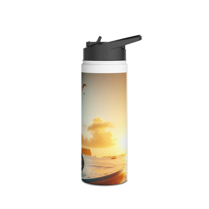 Elegant Fantasy Paddleboarding Stainless Steel Water Bottle adorned with picturesque sunset visuals, crafted for premium hydration.