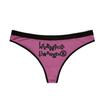 Front view of the exquisite International Star Womens Thong in vibrant pink featuring bold graphic text, perfect for adding a cheeky touch to your lingerie collection.