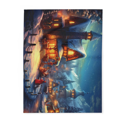 Luxury Decorative and Warm Christmas Arctic Fleece Blanket showcasing a picturesque winter scene with charming houses illuminated by soft lights, perfect for enhancing your festive decor.