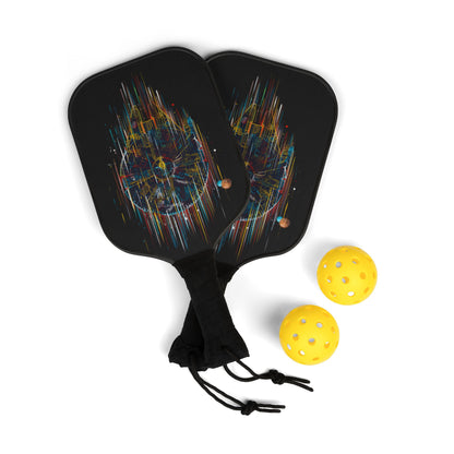Luxury Pickleball Kit featuring Millennium Falcon pop art designed paddles and yellow balls, highlighting exquisite craftsmanship and vibrant artwork.