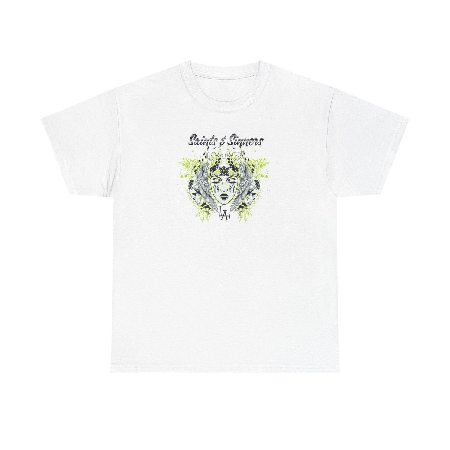 Luxurious gothic men's t-shirt in white featuring a striking 'Saints & Sinners' design with an ethereal face, skulls, and floral motifs, epitomising boldness and creativity.
