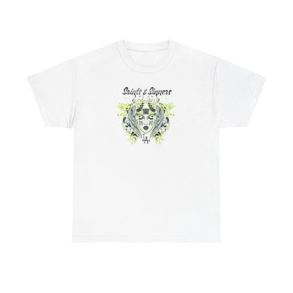 Luxurious gothic men's t-shirt in white featuring a striking 'Saints & Sinners' design with an ethereal face, skulls, and floral motifs, epitomising boldness and creativity.