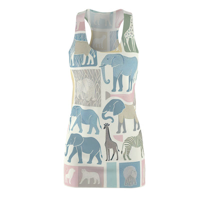 Maxwell Bravura Women's Racerback Dress featuring a whimsical animal pattern in soft pastel colours, including baby blue, light pink, pale yellow, lavender, and mint green, designed by Dazzling Dreams Studio.