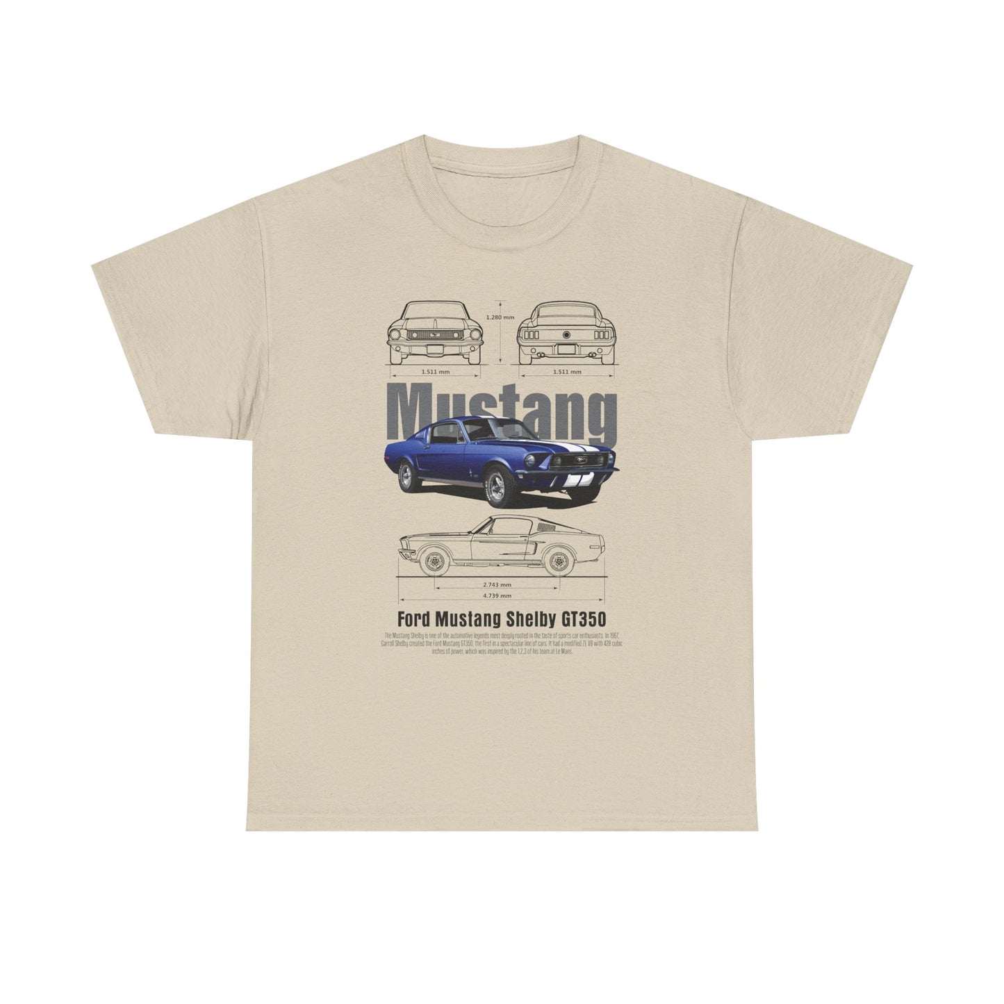 Stylish beige men's t-shirt displaying a captivating graphic of the Ford Mustang Shelby GT350, highlighting its iconic design and precise specifications, ideal for fans of classic cars.