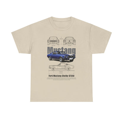 Sophisticated beige T-shirt displaying a graphic of the Ford Mustang Shelby GT350, illustrating its renowned specifications and classic style.