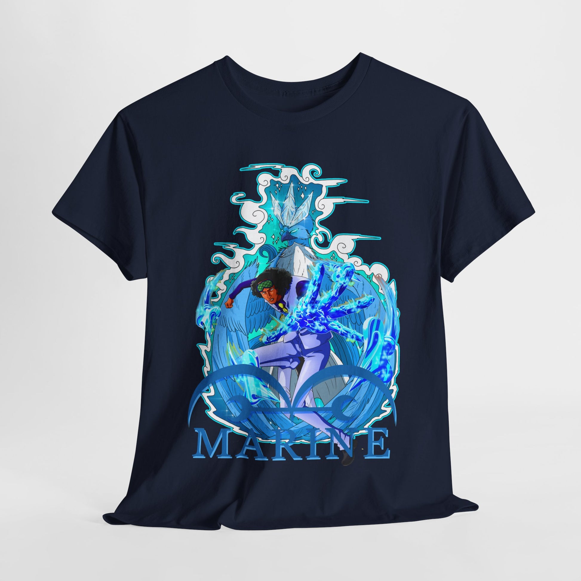 Stylish navy men's anime t-shirt showcasing a striking marine design, perfect as a trendy apparel choice for casual outings or anime conventions.