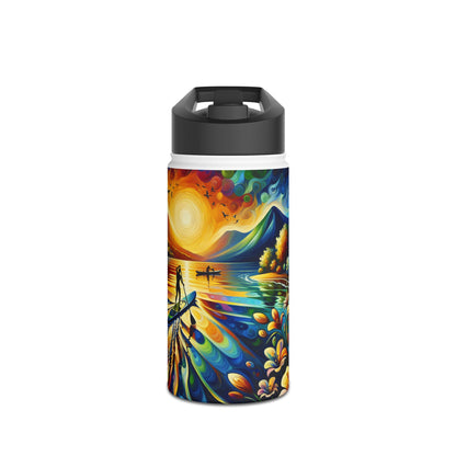 Luxury Fantasy Paddleboarding Stainless Steel Water Bottle featuring vibrant sunset and paddleboarder design.