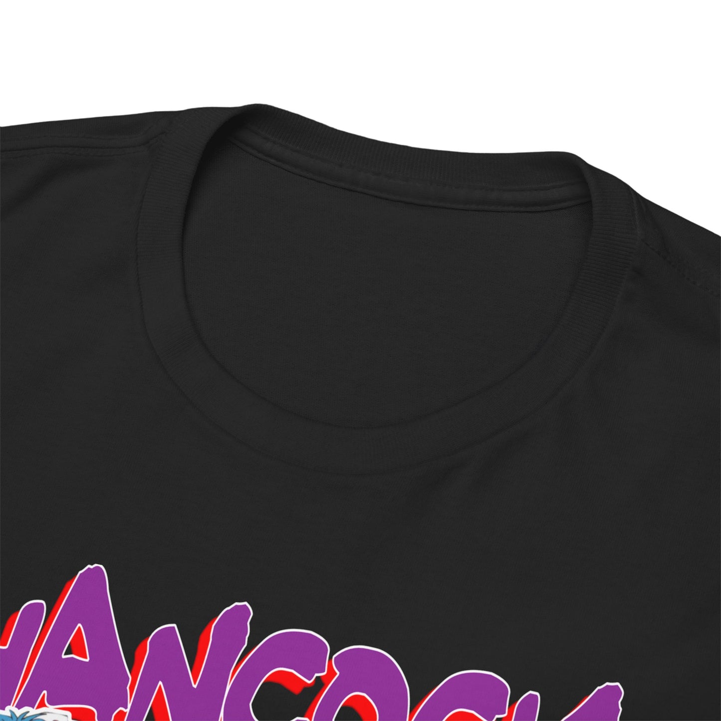 Close-up view of premium black t-shirt neckline, highlighting the luxury fabric and vibrant lettering of Boa Hancock from One Piece, perfect for fashion-forward anime fans.