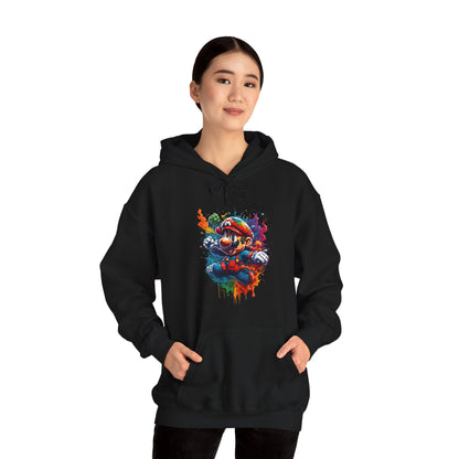 Woman modeling a chic unisex lightweight hooded sweatshirt, featuring a bold gaming graphic, epitomizing luxury and casual elegance.