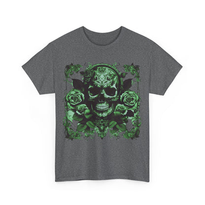 Front view of the Skulls and Roses Cotton Tee in dark grey, featuring an elegant green skull and rose graphic, embodying edgy style and comfort.