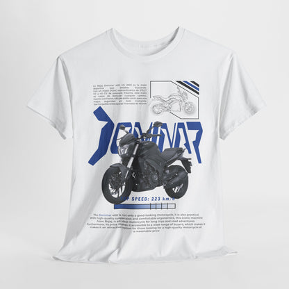 Luxury white Dominar 400 men's t-shirt featuring a bold motorcycle graphic and informative text about performance and speed, ideal for motorcycle enthusiasts.
