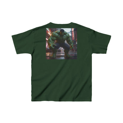 Kids Heavy-Duty Hulk Graphic Tee showcasing a magnificent Hulk design, perfect for young heroes, available in a refined green tone.