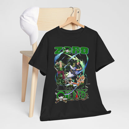Stylish black graphic tee adorned with dynamic 'Zoro' design from One Piece, displayed on a minimalist wooden chair with a cap, ideal for casual yet trendy outings.