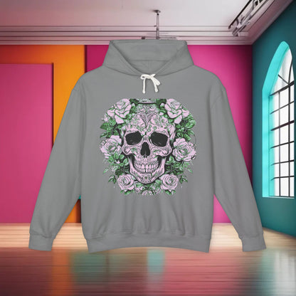 Elegant Unisex Lightweight Hooded Sweatshirt in grey, adorned with a distinctive skull and roses illustration, perfect for adding a touch of sophistication to any casual ensemble.