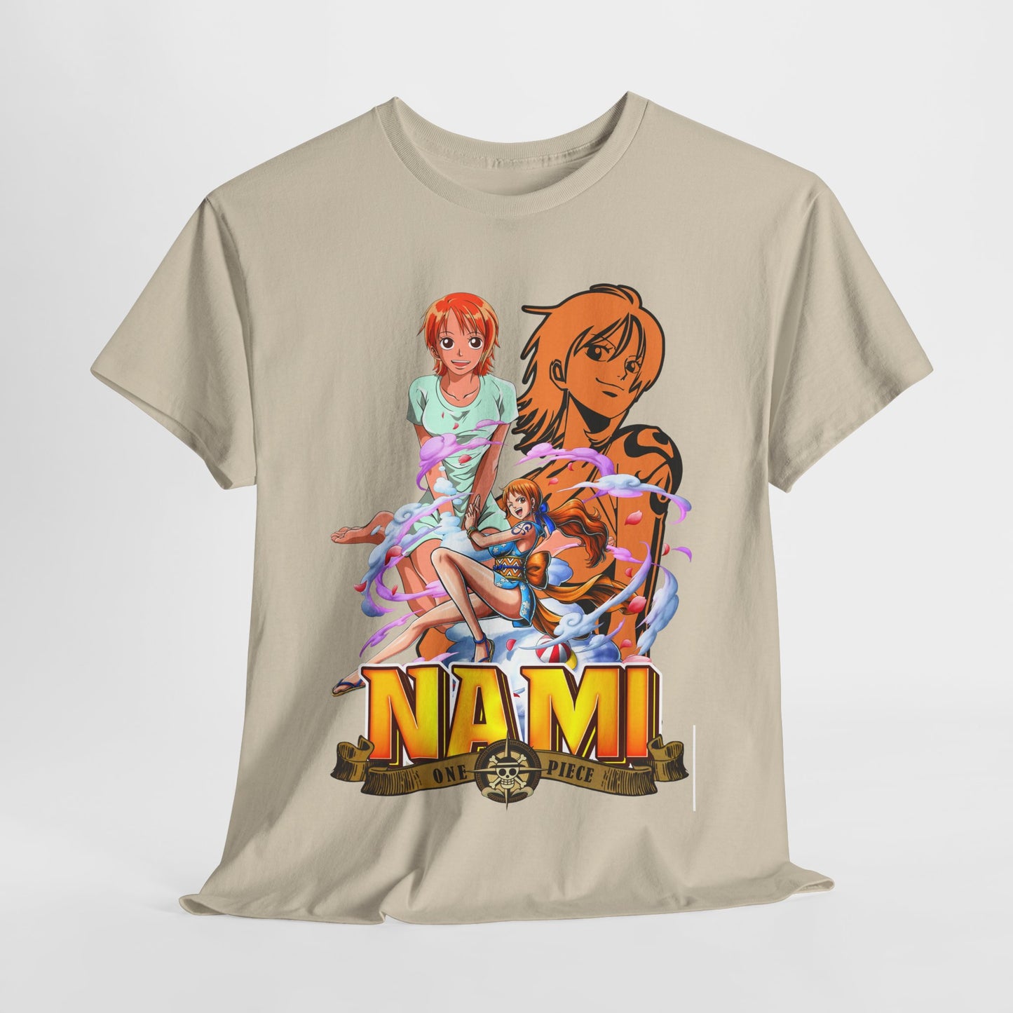 Artful presentation of a beige men's t-shirt featuring vibrant Nami illustrations from One Piece, perfect for stylish casual wear and anime enthusiasts.