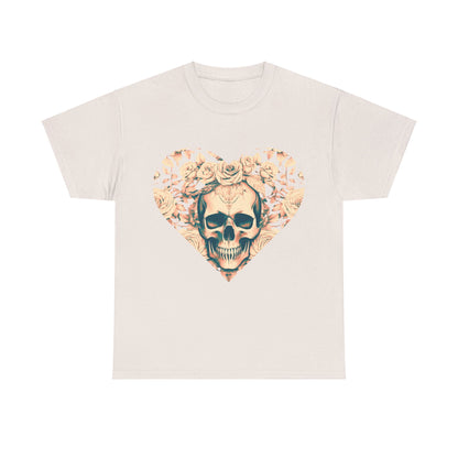 Skulls and Roses Cotton Tee - Unisex Graphic Shirt in cream highlighting an intricate skull design surrounded by roses. Elevate your wardrobe with this unique beauty.