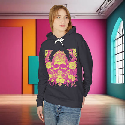 Unisex Lightweight Hooded Sweatshirt featuring a unique designer skull and roses design, styled on a model in a vibrant contemporary setting.