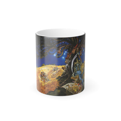 Discworld Reaper Man Colour Morphing Mug showcasing vibrant artwork featuring the character Death under a whimsical tree in a dramatic landscape.