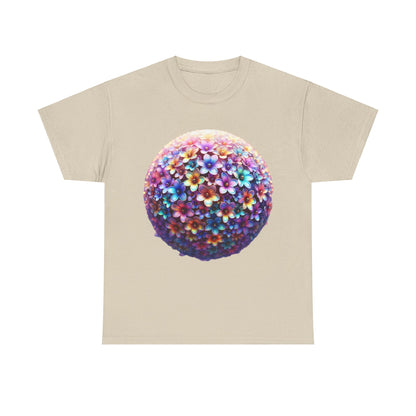 Iridescent Floral Sphere Unisex Cotton Tee Graphic T Shirt in beige, adorned with a stunning floral sphere illustration.