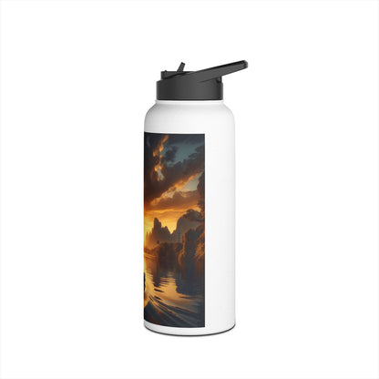 Fantasy Paddleboarding Stainless Steel Water Bottle showcasing a captivating sunset design, ideal for luxury hydration during outdoor adventures. Sleek profile features a standard lid, perfect for paddleboarding enthusiasts.